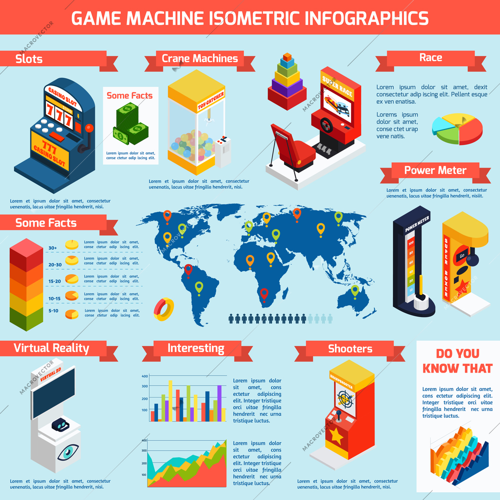 Game slot machines isometric infographic banner with world distribution statistics and interesting facts abstract vector illustration