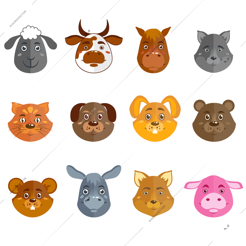 Wild and domestic animal cartoon characters collection for icons avatars or mascots isolated vector illustration