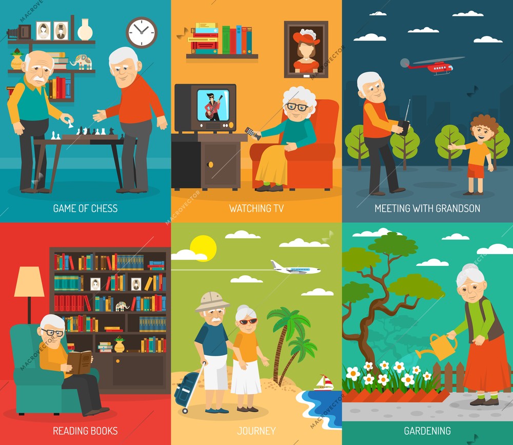 Old aging people quality life 6 flat icons composition  with  traveling and hobbies abstract isolated vector illustration