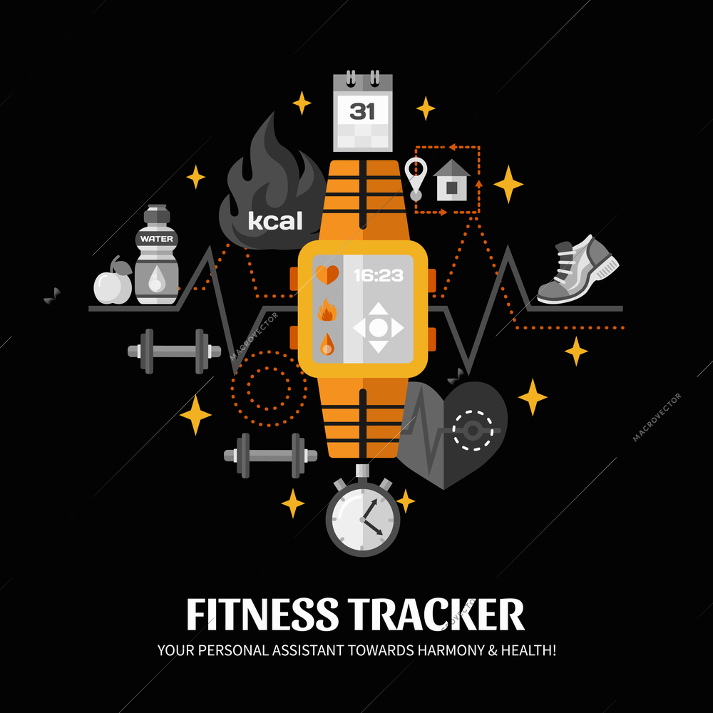 Color poster with black background depicting functions of smart watch fitness tracker vector illustration