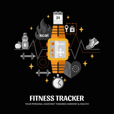 Color poster with black background depicting functions of smart watch fitness tracker vector illustration