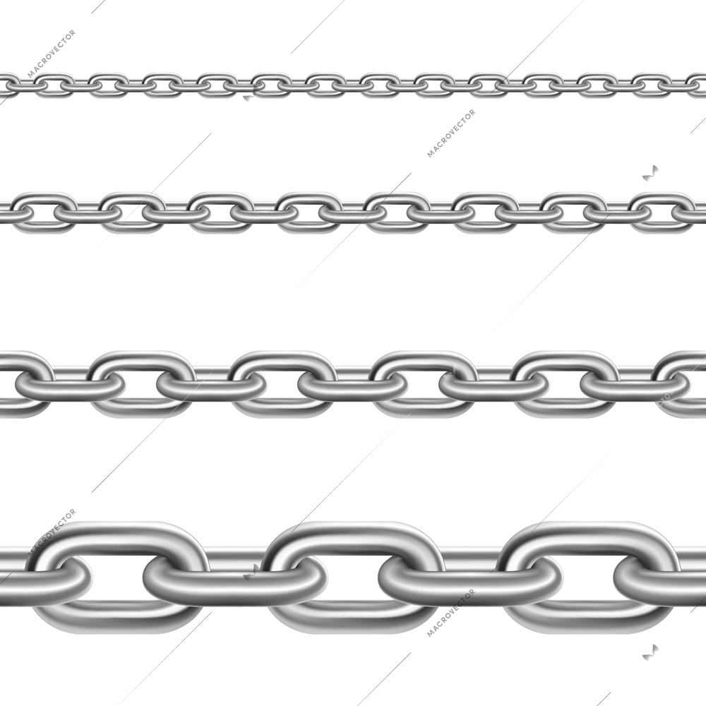 Stainless metal broad and thin steel realistic chains fragments collection for decoration and construction isolated vector illustration