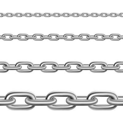 Stainless metal broad and thin steel realistic chains fragments collection for decoration and construction isolated vector illustration