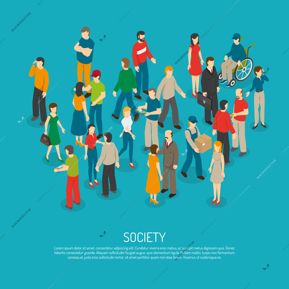 Isometric people poster with mix of different men and women in crowd on blue background vector illustration