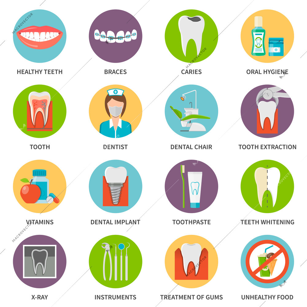 Dental Care Icons Set. Dental Care Vector Illustration. Dental Care Flat Symbols. Dental Care Elements Collection.