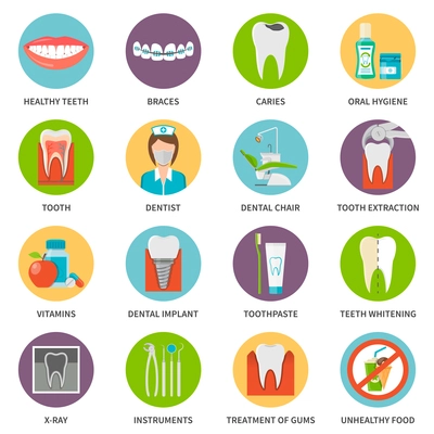 Dental Care Icons Set. Dental Care Vector Illustration. Dental Care Flat Symbols. Dental Care Elements Collection.