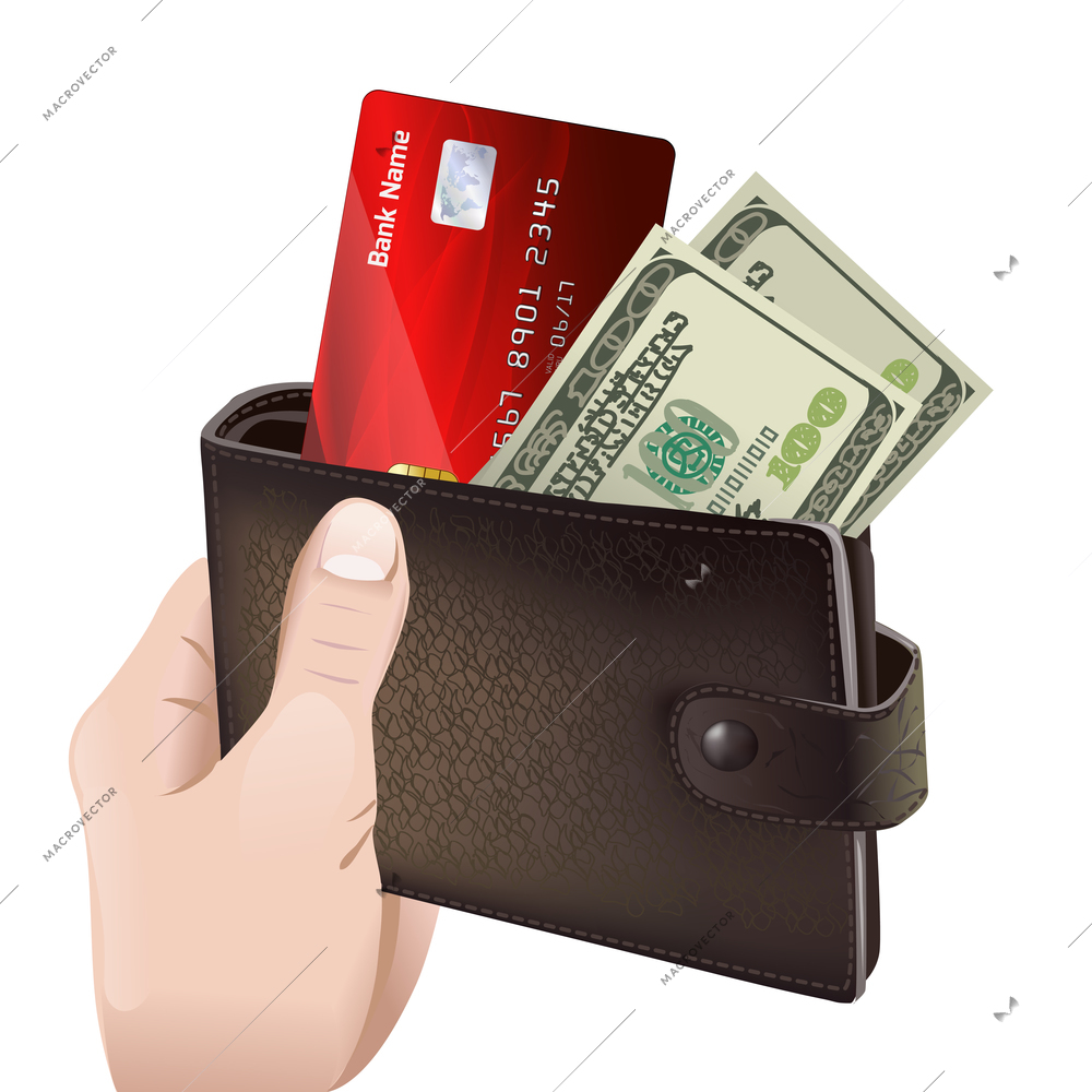 Hand holding classic leather wallet with credit card and money bills isolated vector illustration