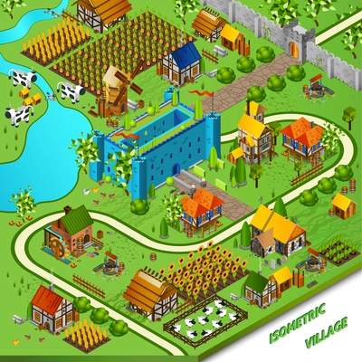 Medieval village and castle background with mill well and houses isometric vector illustration