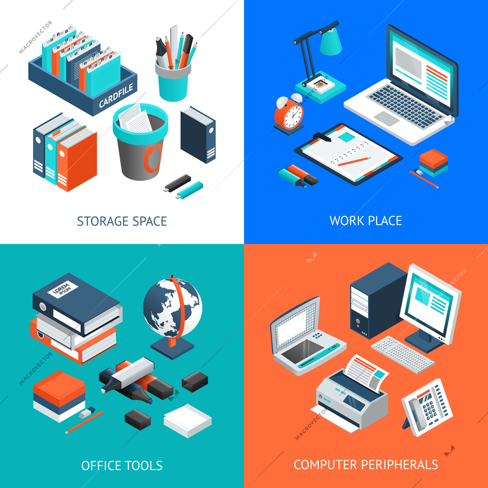 Office 2x2 isometric design concept set with storage space work place office tools and computer peripherals on colorful backgrounds isolated vector illustration