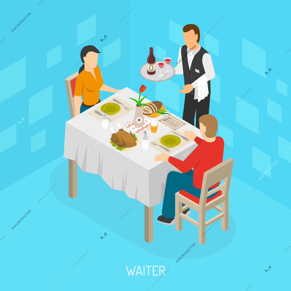 Waiter with tray serving dining customers food and wine isometric restaurant cafe scene poster abstract vector illustration