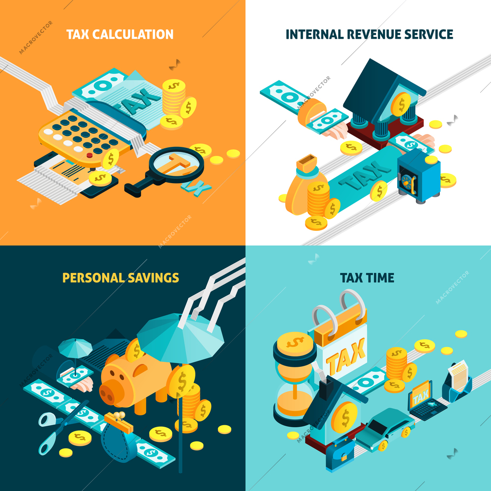 Tax isometric concept icons set with personal savings symbols isolated vector illustration