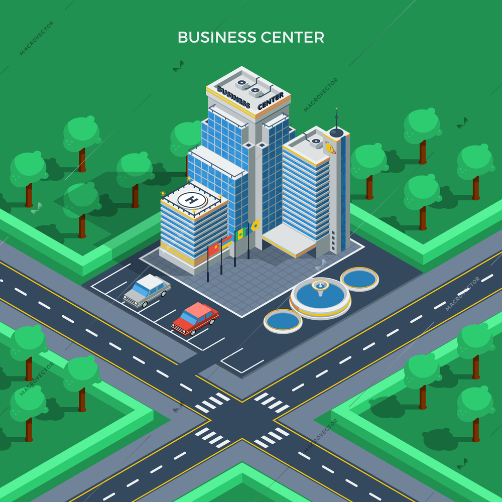 Business center isometric top view concept with parking fountains and green park around vector illustration