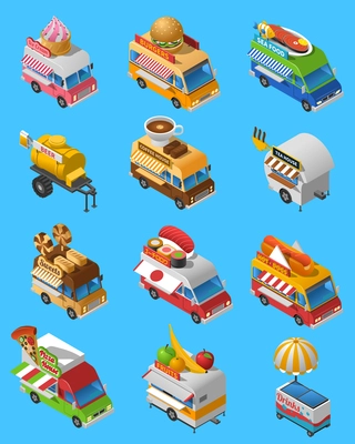 Street food trucks and carts selling sushi hot dogs and drinks isometric icons set abstract isolated vector illustration