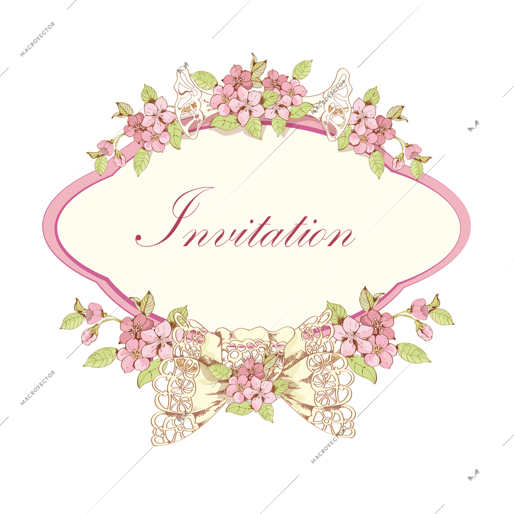 Cherry invitation card design with pink frame and lace bow vector illustration