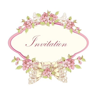 Cherry invitation card design with pink frame and lace bow vector illustration