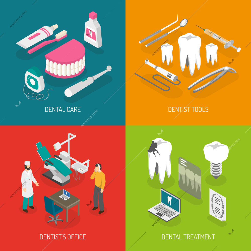 Dentist care concept 4 isometric icons square with teeth decay prevention and treatment abstract isolated vector illustration