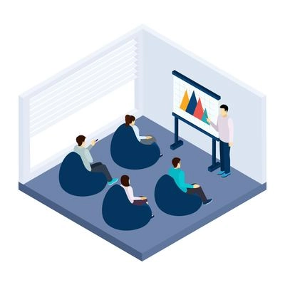 Coworking training for people with presentation and explanation isometric vector illustration