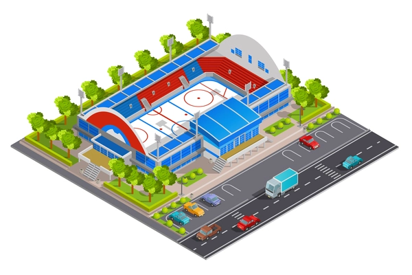 Sport complex stadium facilities for games and celebrations with parking lot abstract isometric composition banner vector illustration