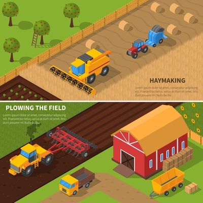 Agricultural machines isometric horizontal banner set with haymaking and plowing the field processes vector illustration