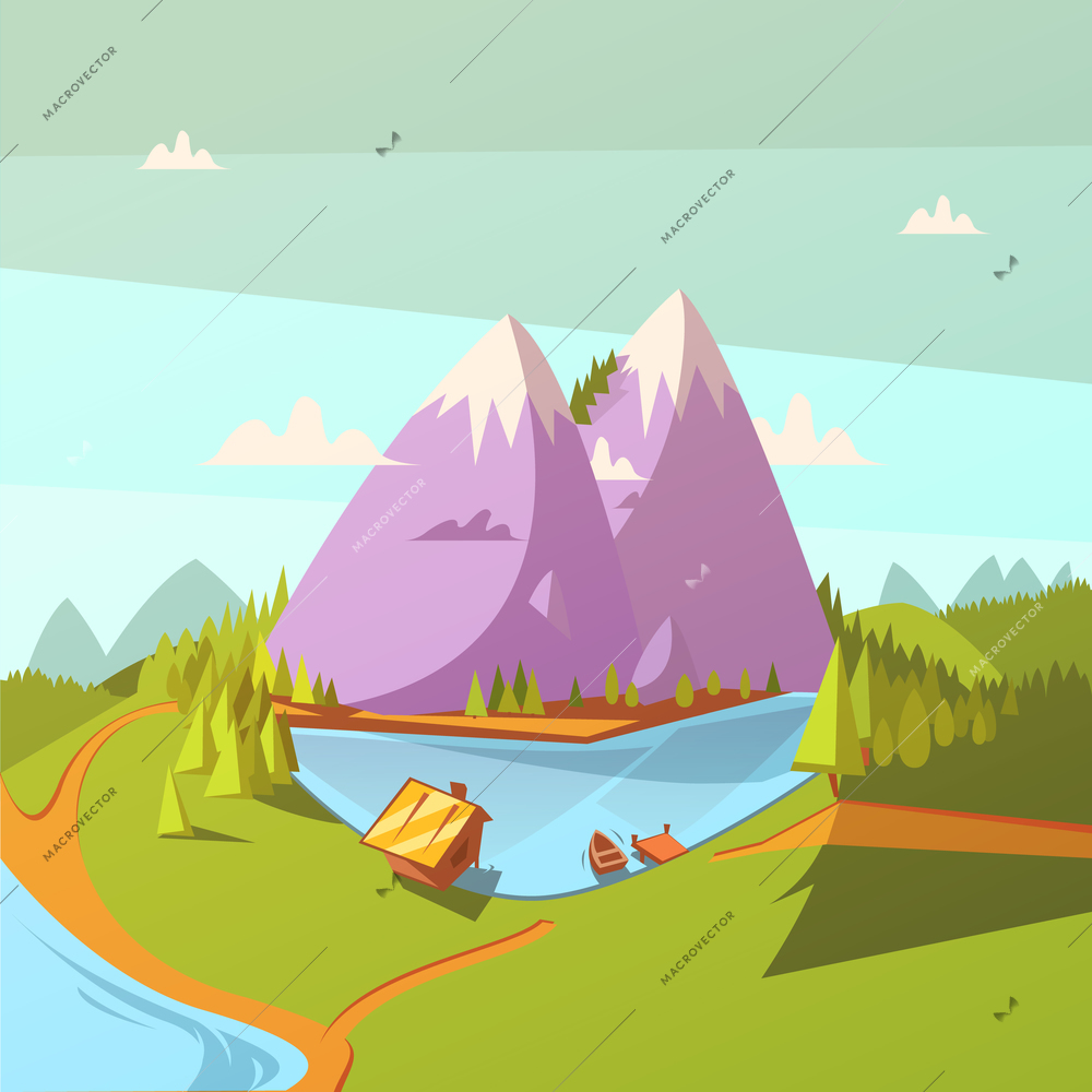 Hiking at a lake cartoon background with forest boat and house vector illustration