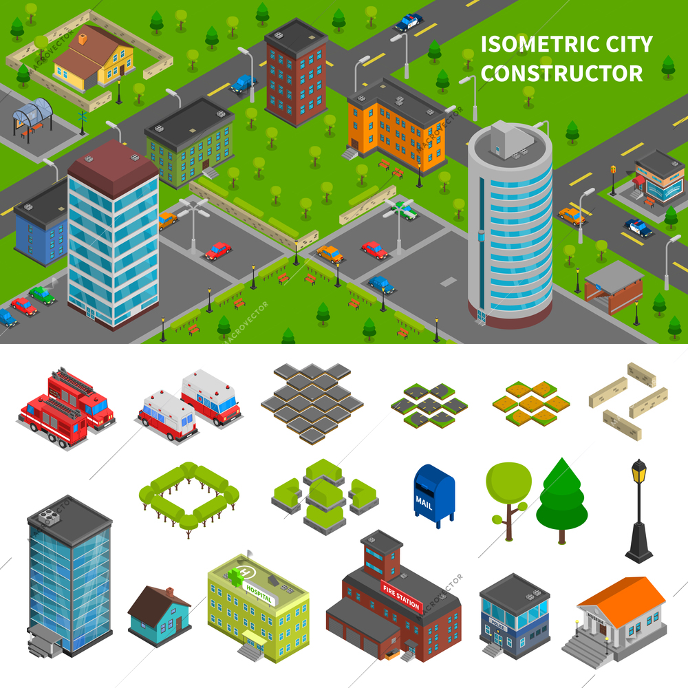 City constructor isometric banners with top view town composition and elements of urban infrastructure vector illustration