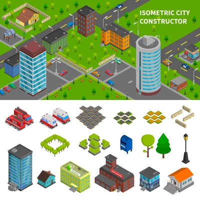 City constructor isometric banners with top view town composition and elements of urban infrastructure vector illustration