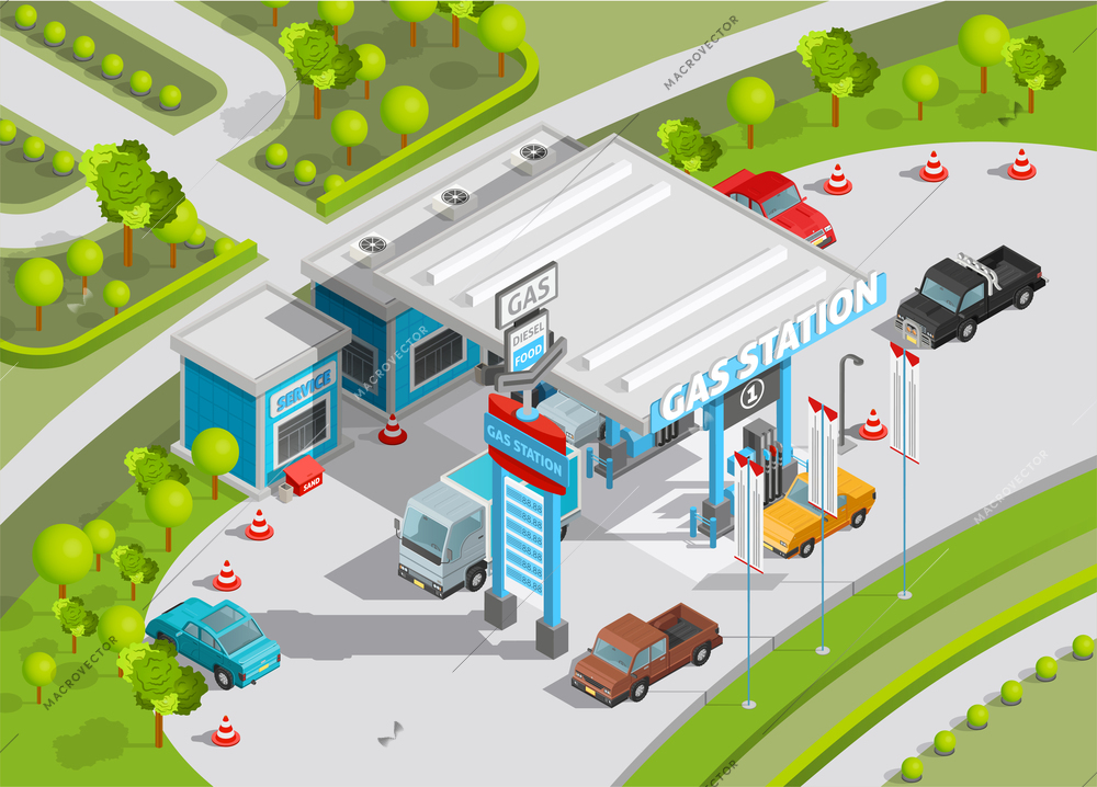 Isometric poster of gas station composition with gas and fuel refill service shop and cars vector illustration