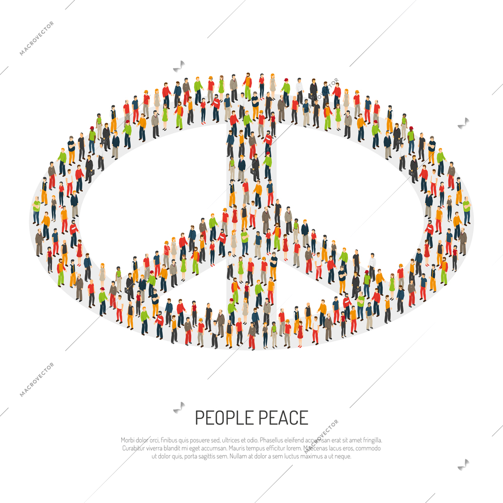 Crowd of different people form huge peace symbol by themselves on white background isometric poster vector illustration