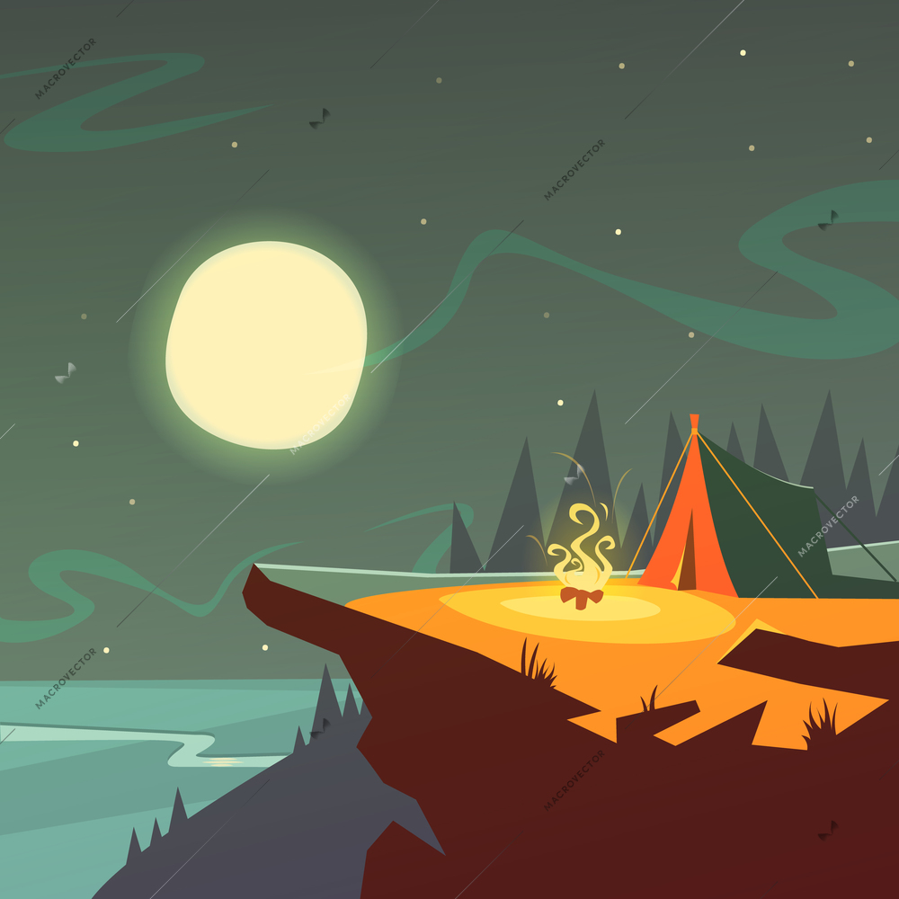 Hiking at night cartoon background with tent fire moon and stars vector illustration