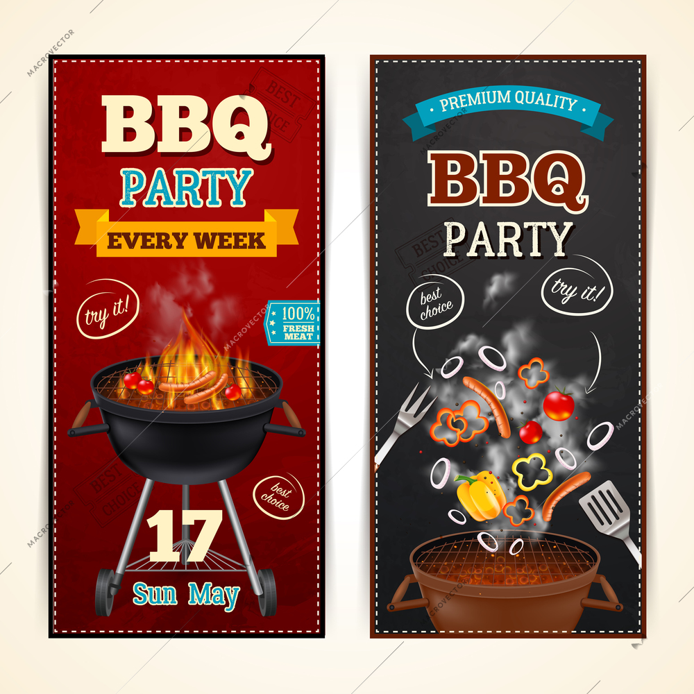 Barbecue party vertical realistic banners set with sausages and vegetables isolated vector illustration