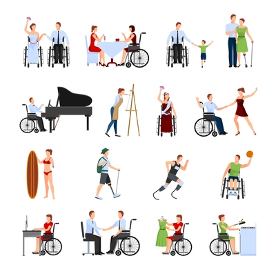 Disabled people leading full active creative life flat icons collection with paralympics runner abstract isolated vector illustration