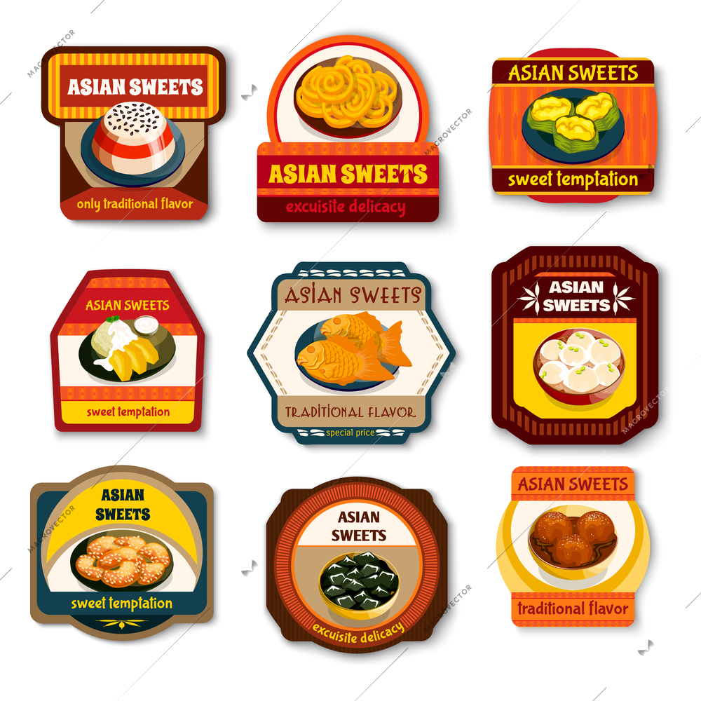 Asian sweets dishes set traditional flavor exquisite delicacy vector illustration