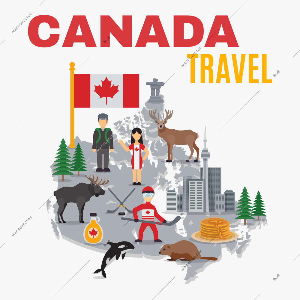 Decorative map canada poster with flag national food hockey skyscrapers and spruces on white background vector illustration