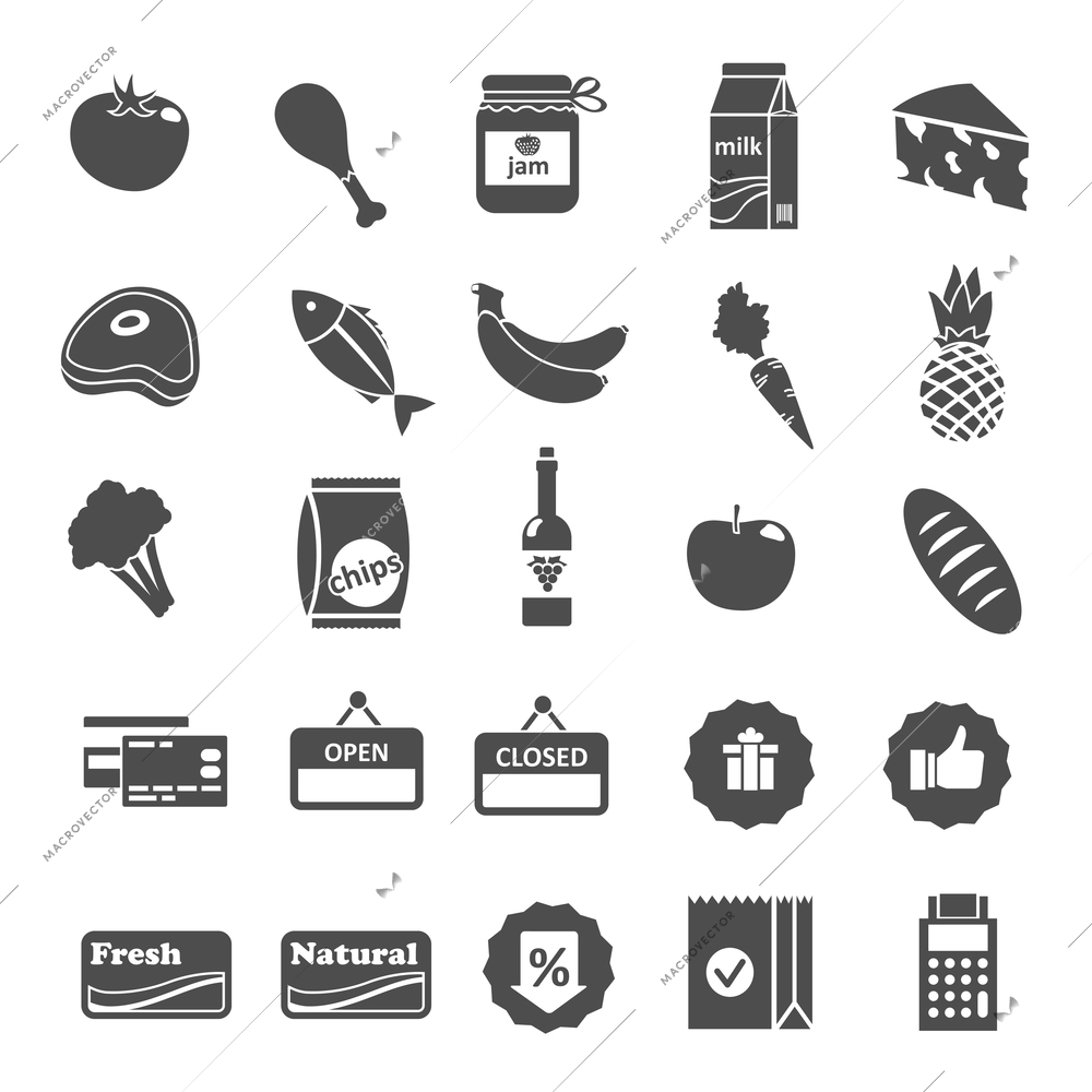 Supermarket food grocery items and symbols icons or stickers set isolated vector illustration