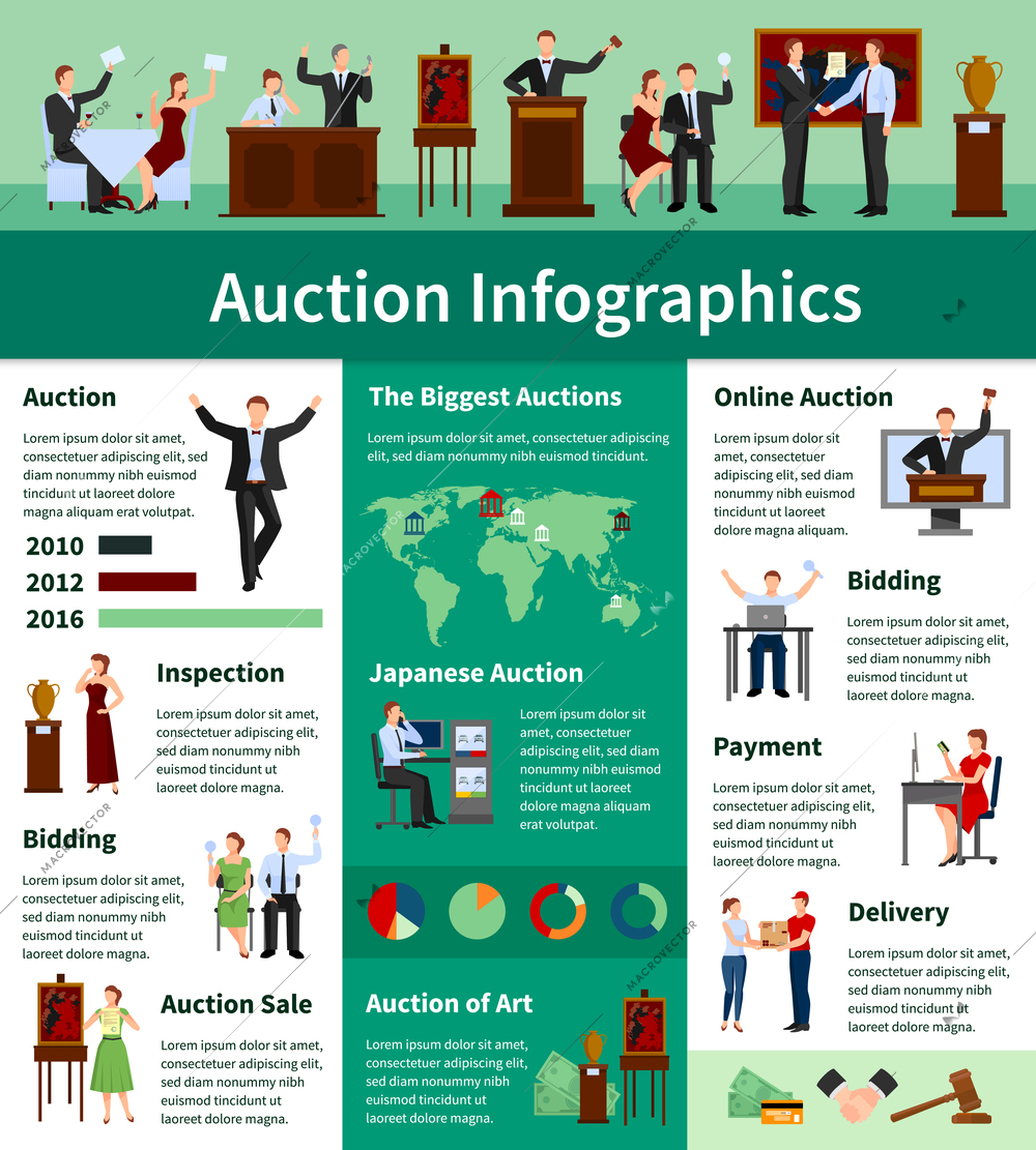 Upcoming international biggest auctions sales lists bids calendar and information worldwide flat infographic banner abstract vector illustration