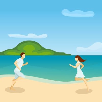 Lovers  poster with man and women running to each other on the sea beach by tropical background vector illustration