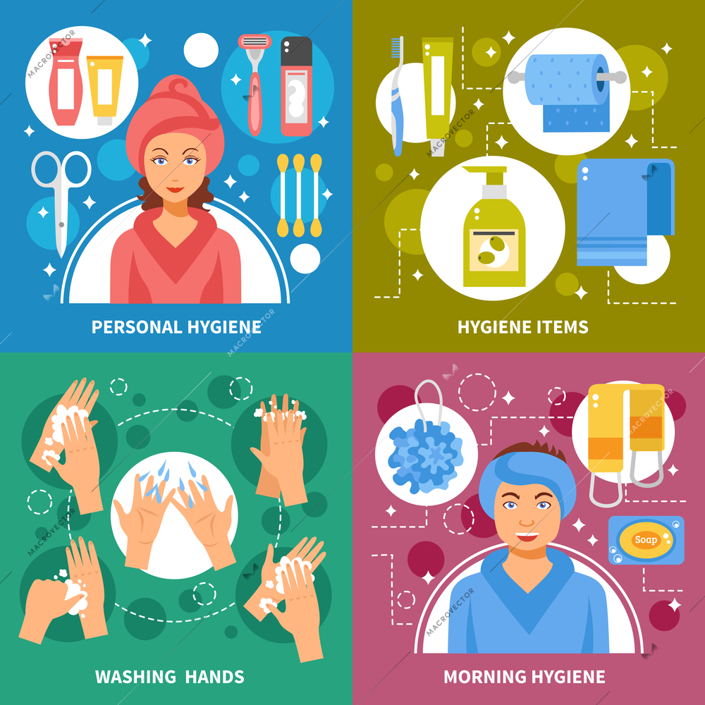 Personal morning hygiene items and hands washing steps 4 flat icons square banner abstract isolated vector illustration