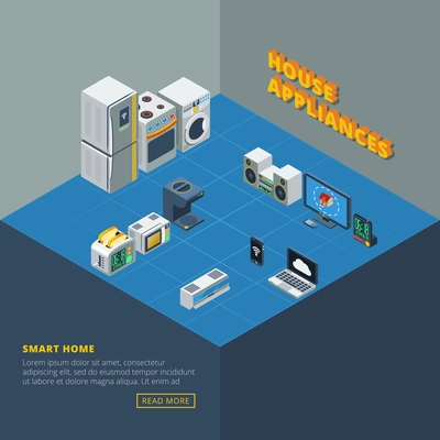 House appliances set isometric in abstract room grouped by its use and functions vector illustration