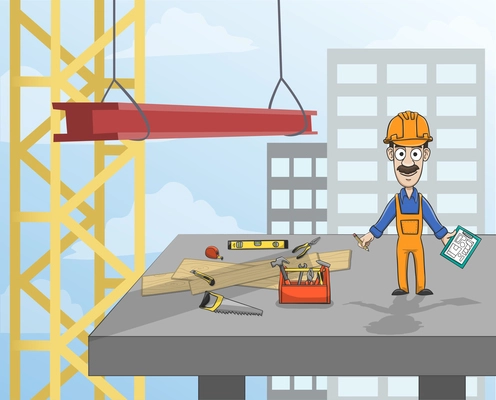 Highrise building construction worker with instruments standing on concrete platform vector illustration