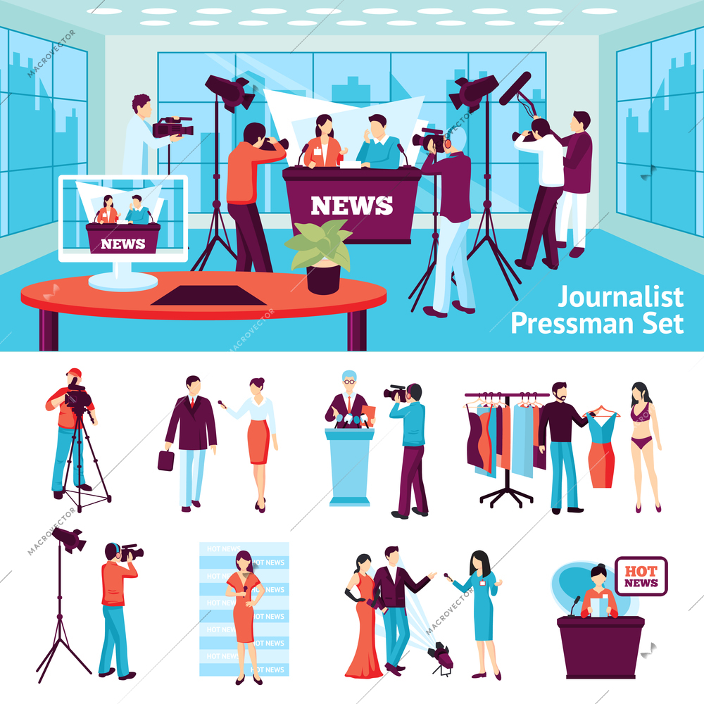 Journalist and pressmen  set with hot news ad conference symbols flat isolated vector illustration