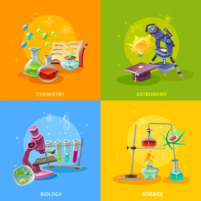 Scientific disciplines colorful concept astronomy chemistry biology and elements of physics isolated vector illustration