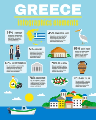 Infographics elements with bars percentages and traditional symbols Greece vector illustration