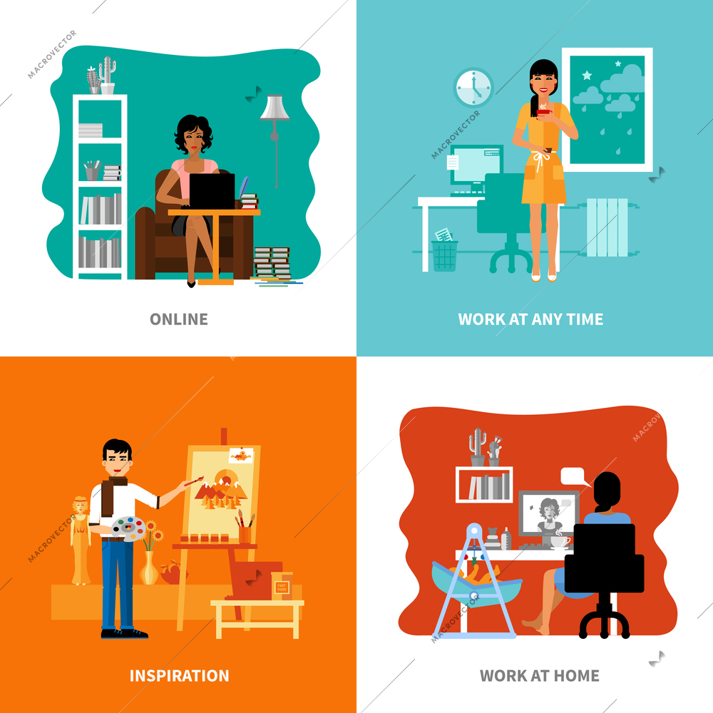 Different possibilities of freelancers set includes inspiration work at home online at any time isolated vector illustration