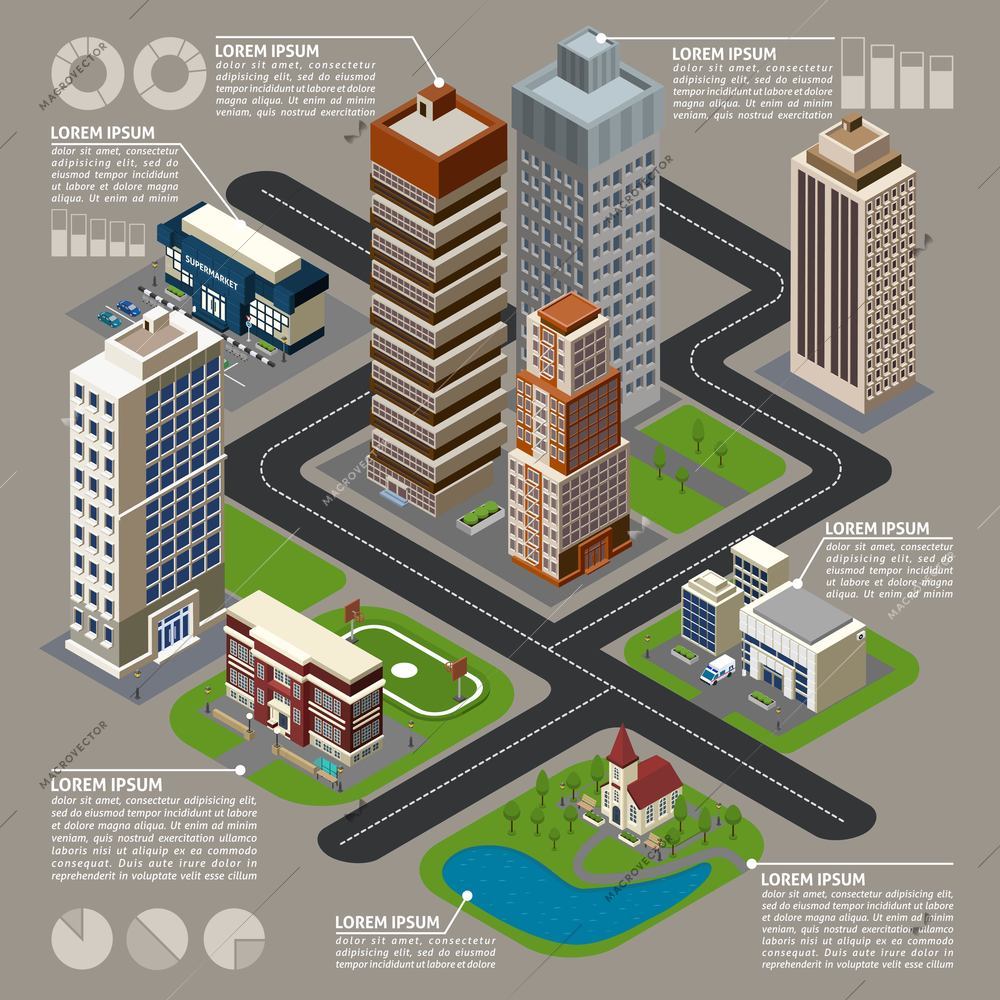 Isometric city infographics with  buildings street skyscrapers connected by dotted lines with charts and graphs vector illustration