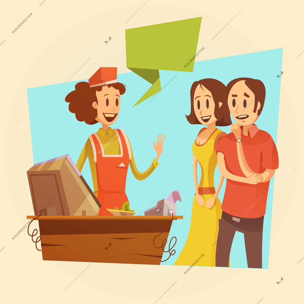 Saleswoman and customers at pay desk retro background  cartoon vector illustration