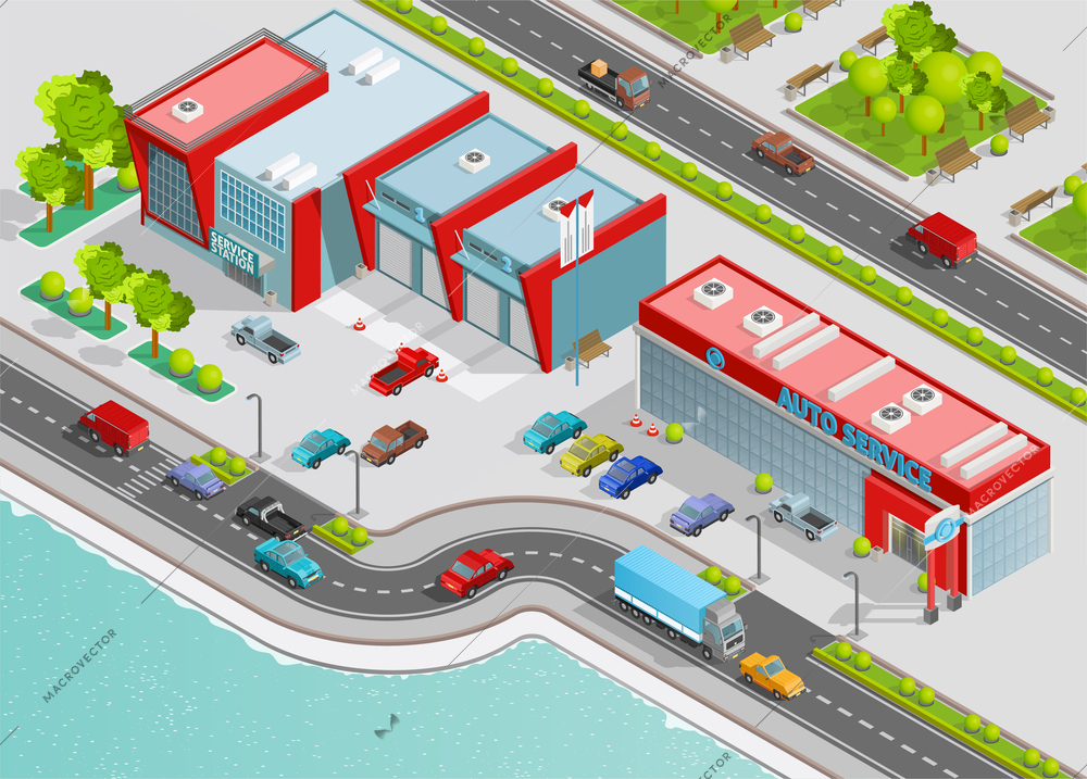 Poster of auto service composition with office garage technical service buildings on city quay isometric vector illustration