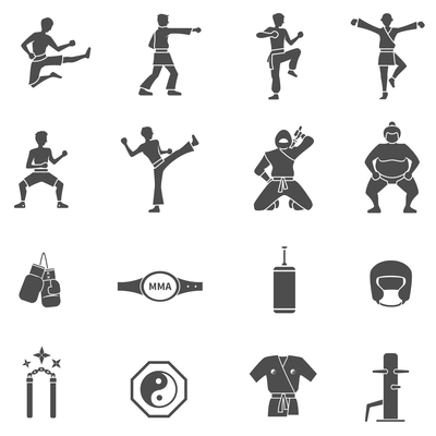 Martial arts black white icons set with exercise and training symbols flat isolated vector illustration