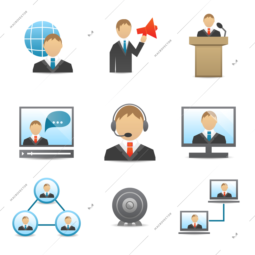 Business people meeting online and offline conference speech and presentation icons set isolated vector illustration