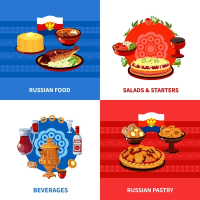 Russian traditional food concept 4 flat icons square composition banner with salads and starters abstract isolated vector illustration