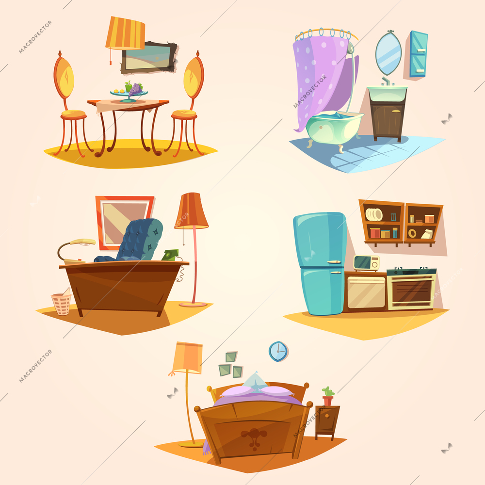 Interior cartoon retro set with vintage furniture isolated vector illustration